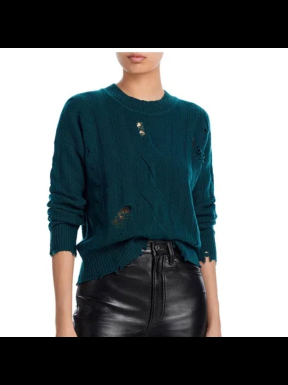 Aqua Teal Distressed Cable Crewneck Sweater